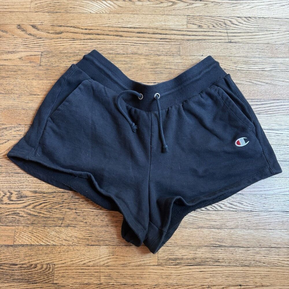 Champion Sweat Shorts Women's XL Reverse Weave Pockets Black Workout Drawstring